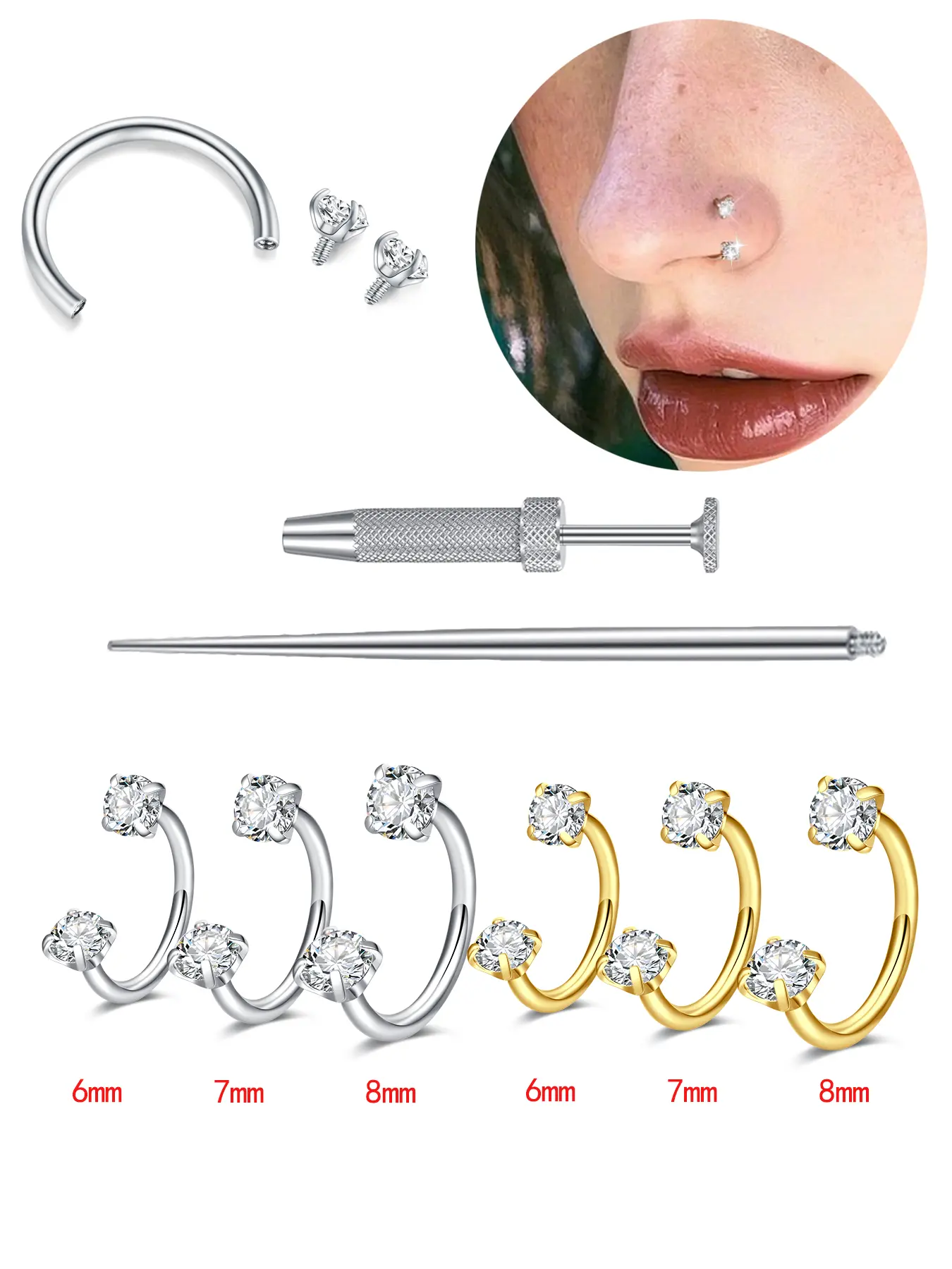 Zirconia Inlaid Stainless Steel Nose Ring, Heart Design, 18g Internal Thread, Suitable for Cartilage, Tragus, Lobe, Lip Piercing Jewelry, Nose Piercings Kit, Nose Rings Set, Body Piercing Jewelry
