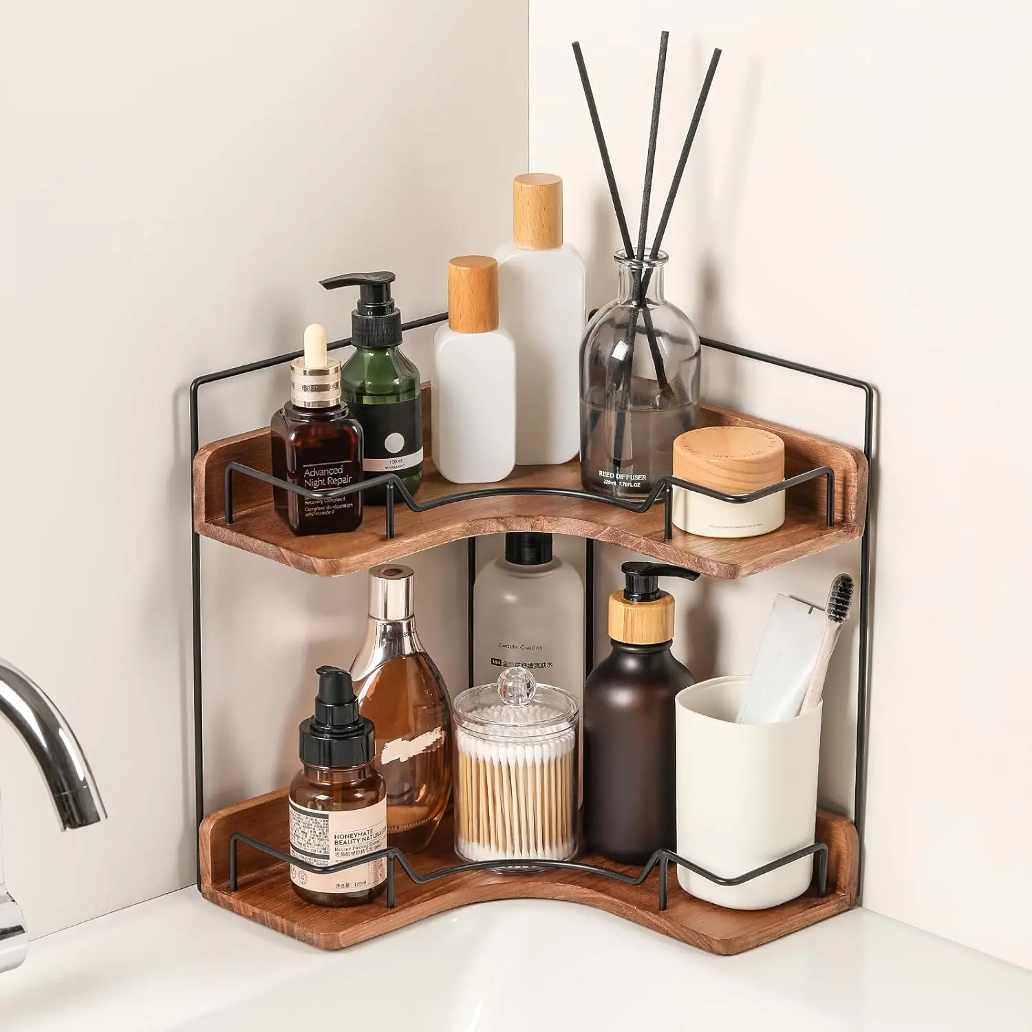 2-Tier Bathroom Counter Organizer, Wooden Corner Shelf for  Countertop Skincare & Makeup, Storage and Organization for Kitchen