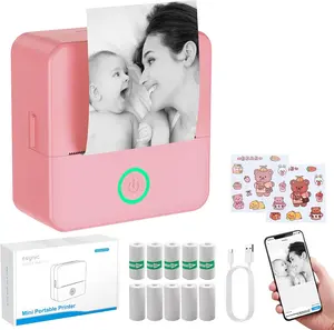 eSynic Portable Mini Sticker Printer-500mAh USB-C Rechargeable-Bluetooth Mini Printer-Lnkless Printing-Comes with 10 Rolls Adhesive & Thermal Paper for Study Notes/Labels/Stickers/Tasks-No Colorful