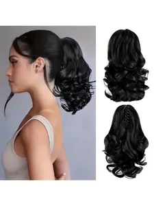 Short Ponytail Extension Claw Clip in Hair Extensions for Women 10 Inch Curly Wavy Ponytails Synthetic Updo Hair Pieces for Kids Girls Natural Fake Ponytail (Natural Black)