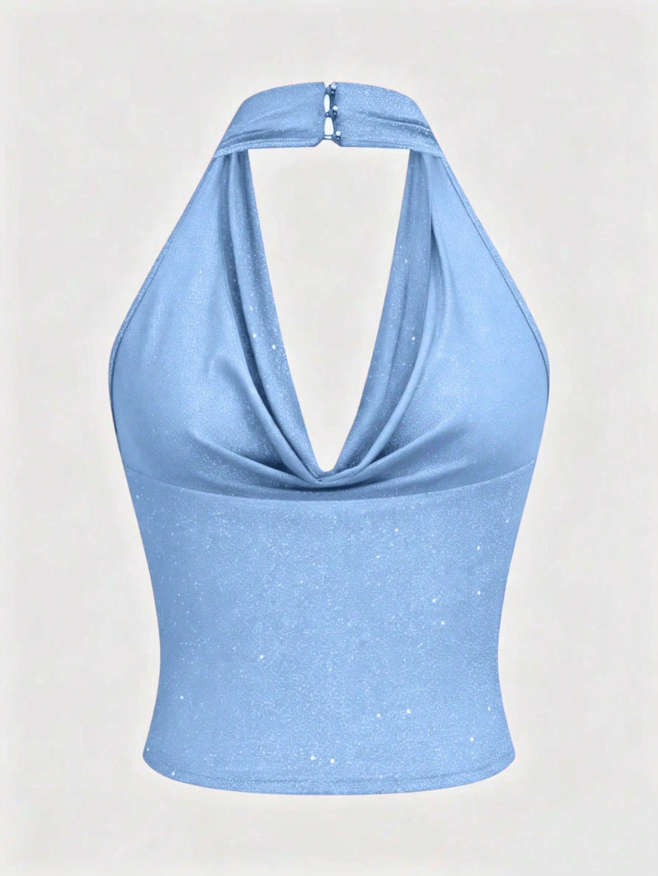 LALUZ Elegant Plus Size Draped Neck Halter Top Shiny Party Evening Feminine Chic Going Out Outfit