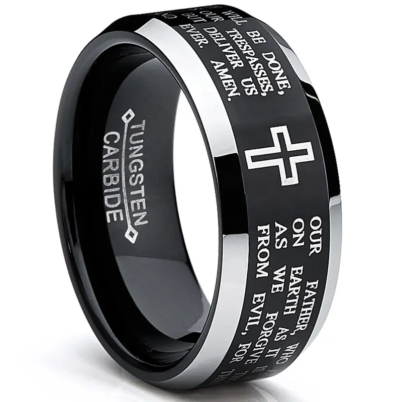 Men's 8MM Black Tungsten Christian Cross Band - Hypoallergenic Inspirational Jewelry, High-Polish Dome, Customized Lord's Prayer, Bible Scripture, Crucifix Graphic, Complimentary Gift Box