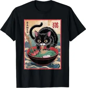 Anime Cat Ramen Japanese Funny Graphic Tees Kawaii Cat Anime T-Shirt
