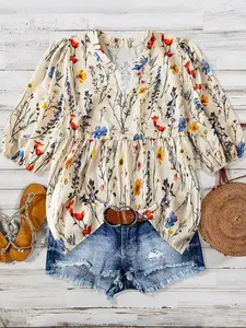 Women's Summer Floral Print Bubble Sleeve Casual Vacation Shirt, Loose-Fitting Holiday Series Top, Stylish and Comfortable
