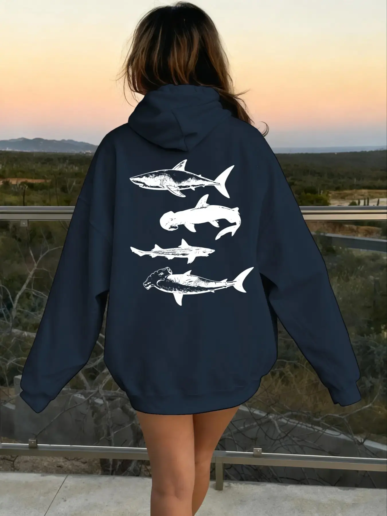 Vintage Dual-Horn Shark Graphic Drawstring Animal Hoodie, Casual Print Hoodie, Oceanic Clothing Gift for Shark Lovers, Casual Loose-Fitting Natural Top, Fall & Winter Style, Drawstring Hooded Top