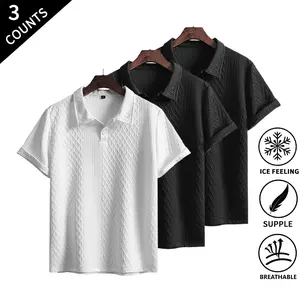3-Pack Men’s Textured Knit Polo Shirts, Cool-Touch Breathable Short-Sleeve Tops, Soft & Lightweight Casual Tops for Everyday & Outdoor Activities