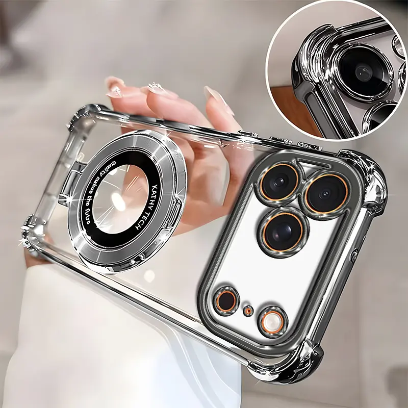 Suitable for [iPhone 17 Pro] high-end phone case🥰, Electroplated Luxury Clear Phone Case with Ring Stand Holder 4-Corner Shockproof Camera Protective Cover 952