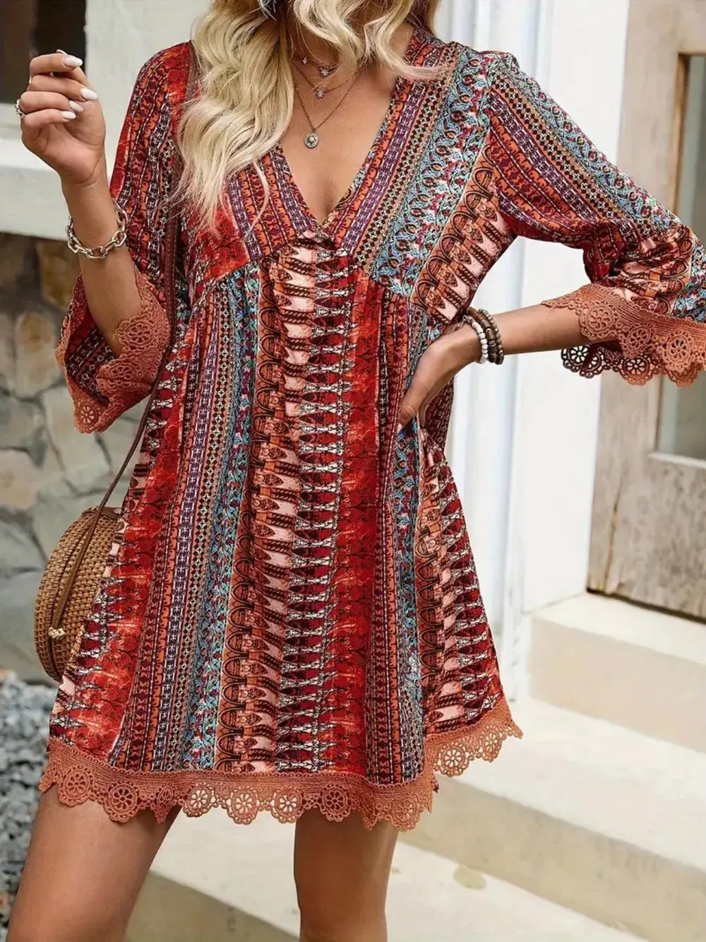Lace Trim Printed V-Neck 3/4 Sleeve Dress - TikTok Shop