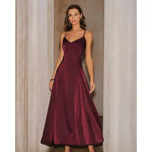 Rihoas Women's Sleeveless Waisted Elegant Solid Wine Red Smooth Polyester Satin A-Line Slip Maxi Dress with Zipper - Party, Formal Wedding Guest Dresses