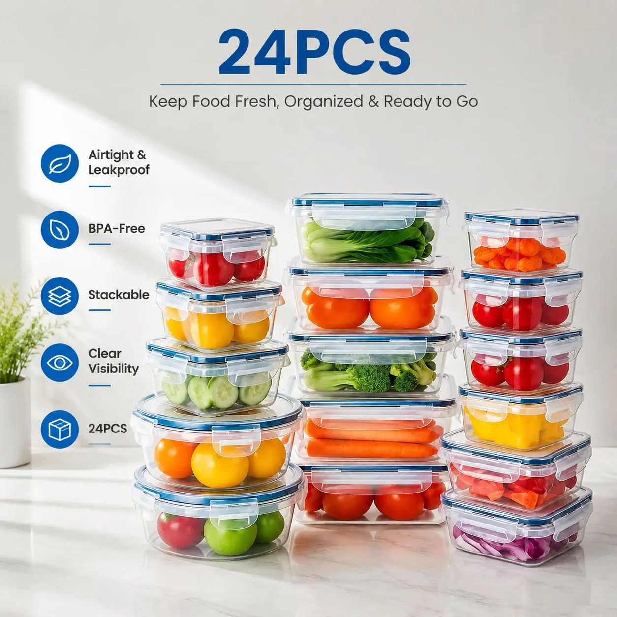 【BackToSchool】24 PCS Multi-Size Round Plastic Food Storage Containers with Airtight Spill-Proof Snap Lid Closure Transparent Lids, Stackable Meal Prep Containers for Fridge & Microwave, BPA-Free Home Essential Mother's Day Gift