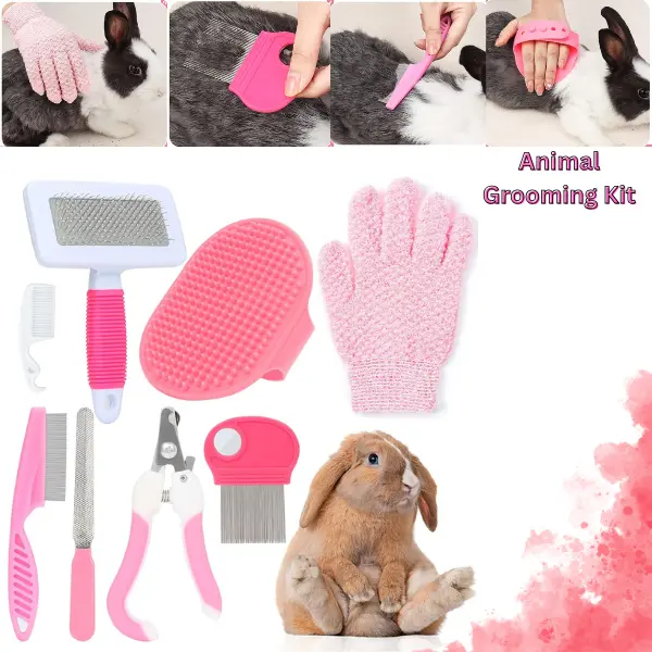 Pink Small Animal Grooming Kit, Rabbit Grooming Supplies with Nail Clipper, Flea Comb, Slicker Brush, Massage Glove & Shampoo Brush for Rabbits, Guinea Pigs & Bunnies