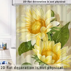 2D Flat 1pc 70.9x70.9 Inch Plant-style Shower Curtain with Golden Sunflower Pattern, Suitable for Home Bathrooms and Rustic Camping, Comes with 12 Rings