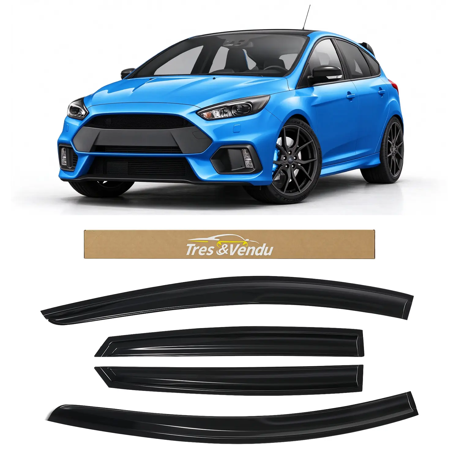 Tresvendu-For Ford Focus LW LZ Hatchback 2012-2018，4X Out-Channel Window Visors,with Water Channels，Tape-on,Smoke# Rain guard# Rainproof#Sun Shade#UV Protection# Easy-Install # Vent Shades# Car Windshield# Car Weather Shields# Wind Deflector