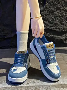 Women's Denim Star Sneakers Vintage Worn Look Patchwork Soft Sole Comfortable Breathable Versatile Commute Casual Sporty Shoes