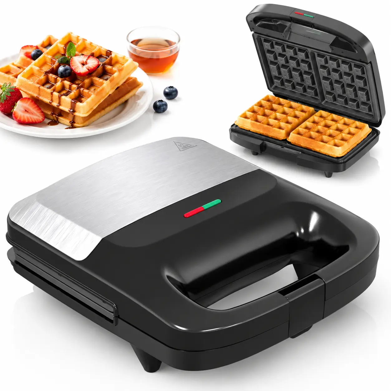 Sunvivi 3-in-1 Breakfast Sandwich Maker, 800W Fast Heat Panini Press & Waffle Iron with Removable Non-Stick Plates, Cool Touch Handle, Indicator Lights, Easy Clean Grill for Home Breakfast