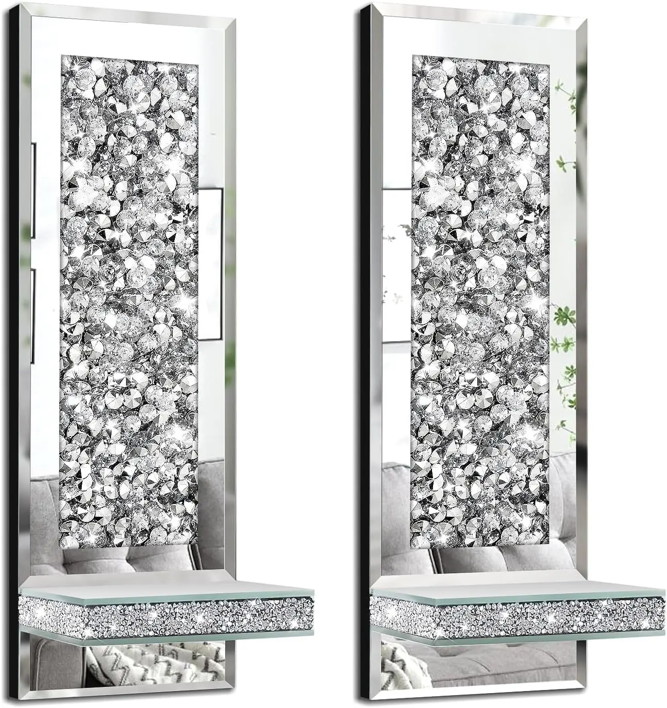 Crystal Crush Diamond Candle Holder Set of 2 Silver Mirrored Wall Sconces Decorations for Living Room, Dining Room, Bedroom