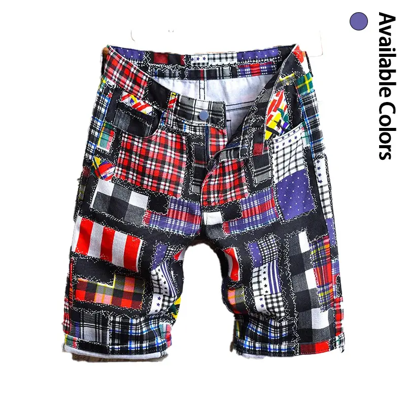 Men’s patchwork plaid denim shorts featuring unique multicolor stitched panels, loose straight cut, street style, soft fabric—summer casual knee-length denim shorts