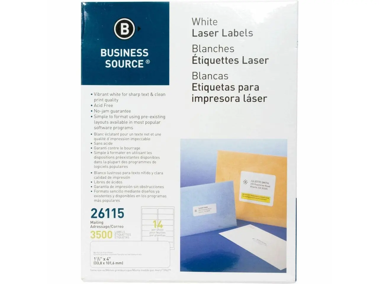 Business Source Mailing Labels Laser 1-1/3"x4" 3500/PK White 26115