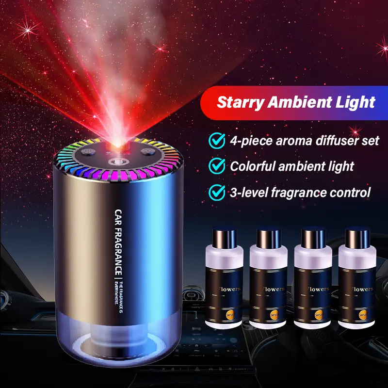 Starry Theme Car Air Purifier - Wireless Setup Car Aromatherapy Accessory, Battery-Powered, 3 Smart Modes, Automatic Function, Ambient Lighting, 3 Levels for Interior Passengers, Batteries