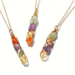 Handmade wire-wrapped natural gravel crystal amethyst agate mesh bag pendant necklace