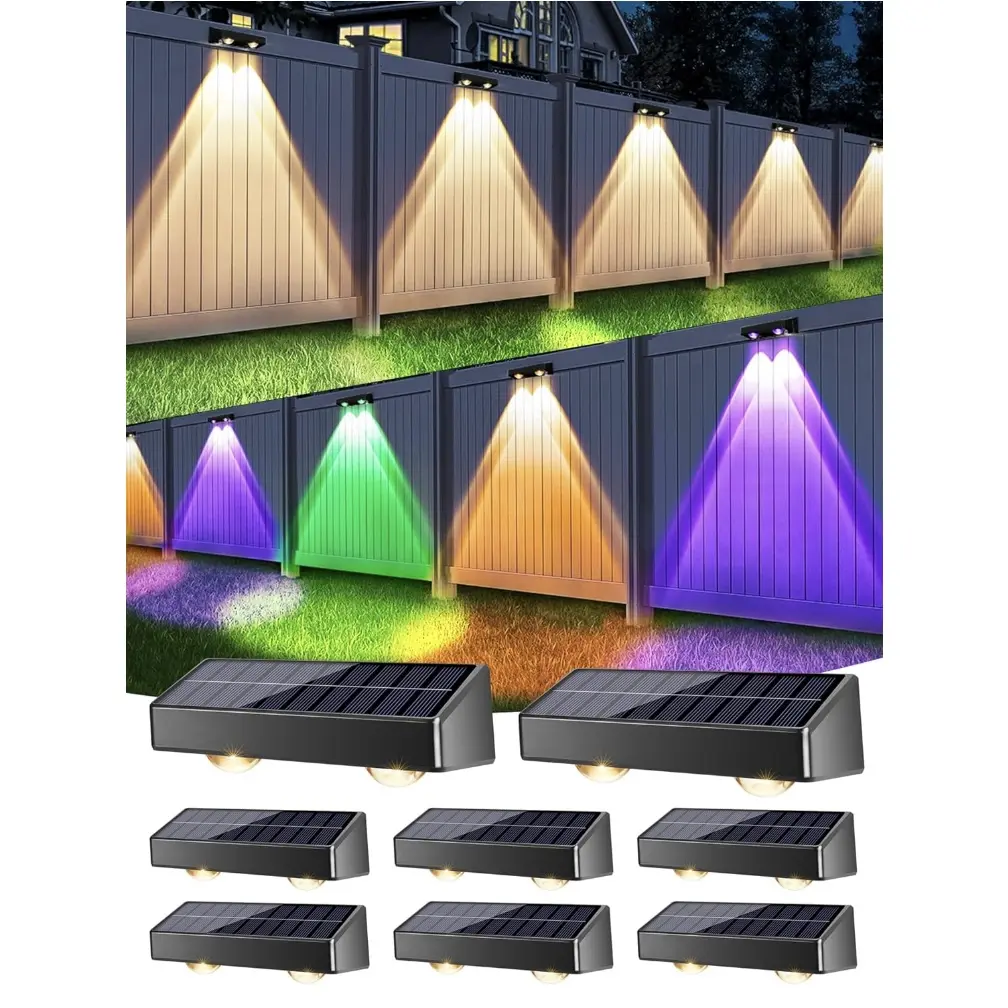 Brizled Solar Fence Lights Outdoor, 8 Pack Red White Blue Patriotic Outdoor Fence Lights 9 Colors & 11 Modes RGBCW Color Changing Solar Wall Lights, Waterproof Railing Lighting for July 4th Halloween