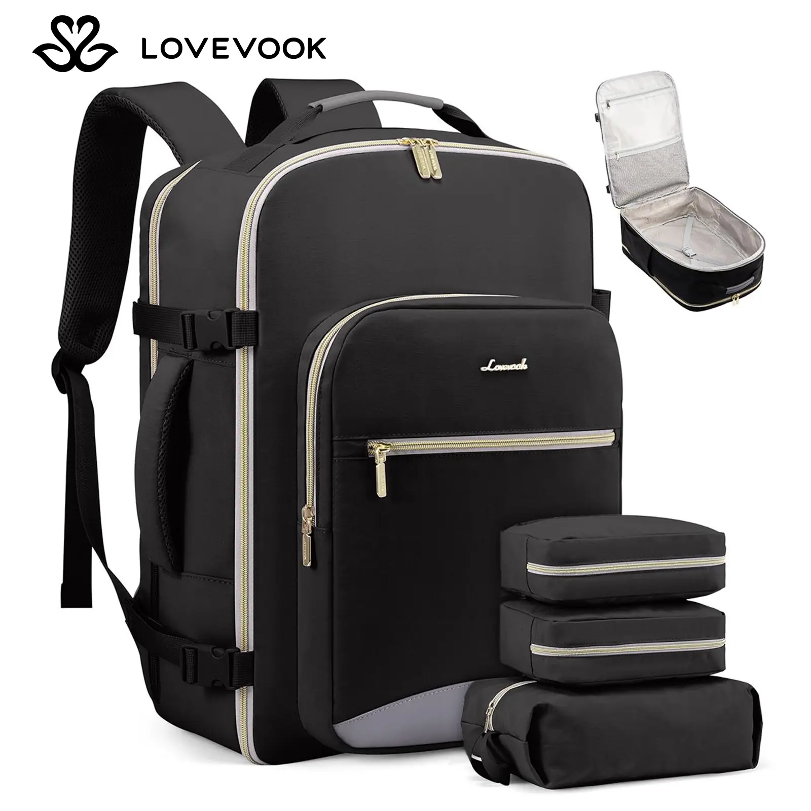 LOVEVOOK TSA-Friendly Carry-On Travel Backpack with 3 Packing Cubes and Laptop Compartment-Personal Item, Airline Approved Travel Bag for Hiking, Over