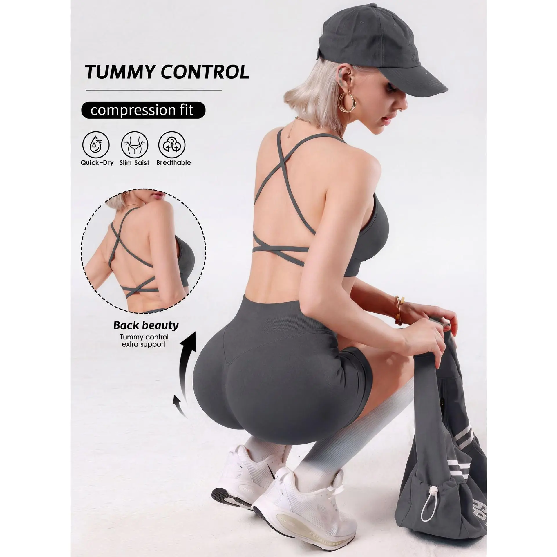 B bra + shorts (dark gray)