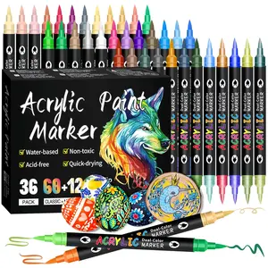 Acrylic Paint Markers 24/48/72/144 Colors Dual-Tip Dual-Color Pens for Rock Painting Canvas Wood Glass Ceramic Fabric Plastic Egg Scrapbook Soft Brush Tips Art Craft Supplies-MM