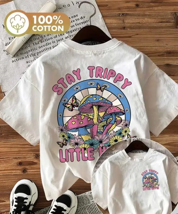 Summer Casual Women's Top - Psychedelic Style with Mushrooms & Butterflies Print - 'STAY TRIPPY LITTLE HIPPIE' Round Neck Short Sleeve T-Shirt  Double-Sided Print