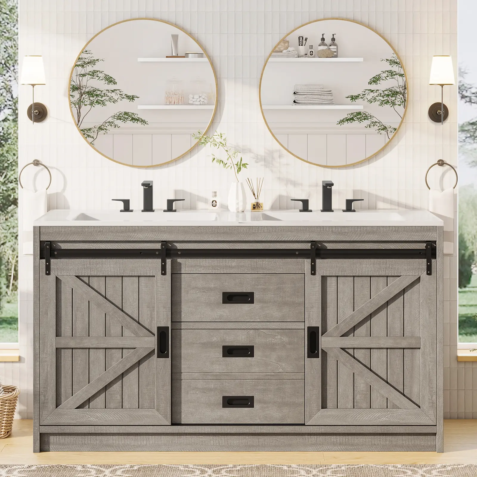 [Summerwins] [SummerFinds] AMERLIFE 24/48/61in Farmhouse Bathroom Vanity with Sink, Sliding Barn Door Bathroom Storage Cabinet with Sliding Doors & Drawers, Dual Basin/Best Gift Ideas/Christmas Gifts