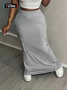 Women's casual Basic high waist pocket hip straight long gray Fit skirt, suitable for street, daily leisure, outdoor activities, holidays, club parties, office wear