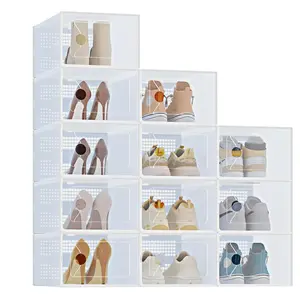 White Stackable Shoe Storage Boxes 12 or 15 Pack, 9" or 10" Wide Clear Front Shoe Organizer with Lids for Closet, Sneaker Display & Under Bed Storage