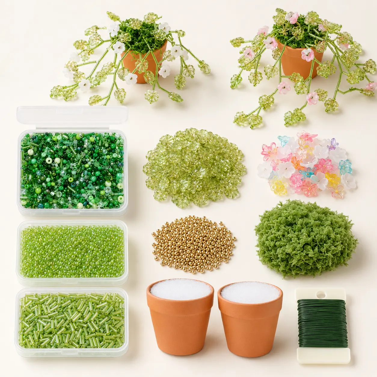 DIY Beaded Potted Plant Craft Kit, Green Acrylic Beads, 150 Leaf Beads, Assorted Flower Beads, Wire, 2 Mini Pots and Moss for Forever Plant Home Decor