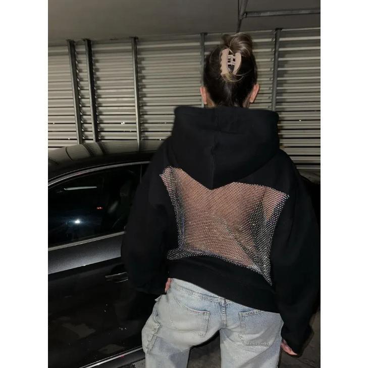 Women Mesh Back See Through Hoodies Sweatshirts Long Sleeve Sequin Fishnet Sheer Back Pullover Backless Jumper Top with Pocket