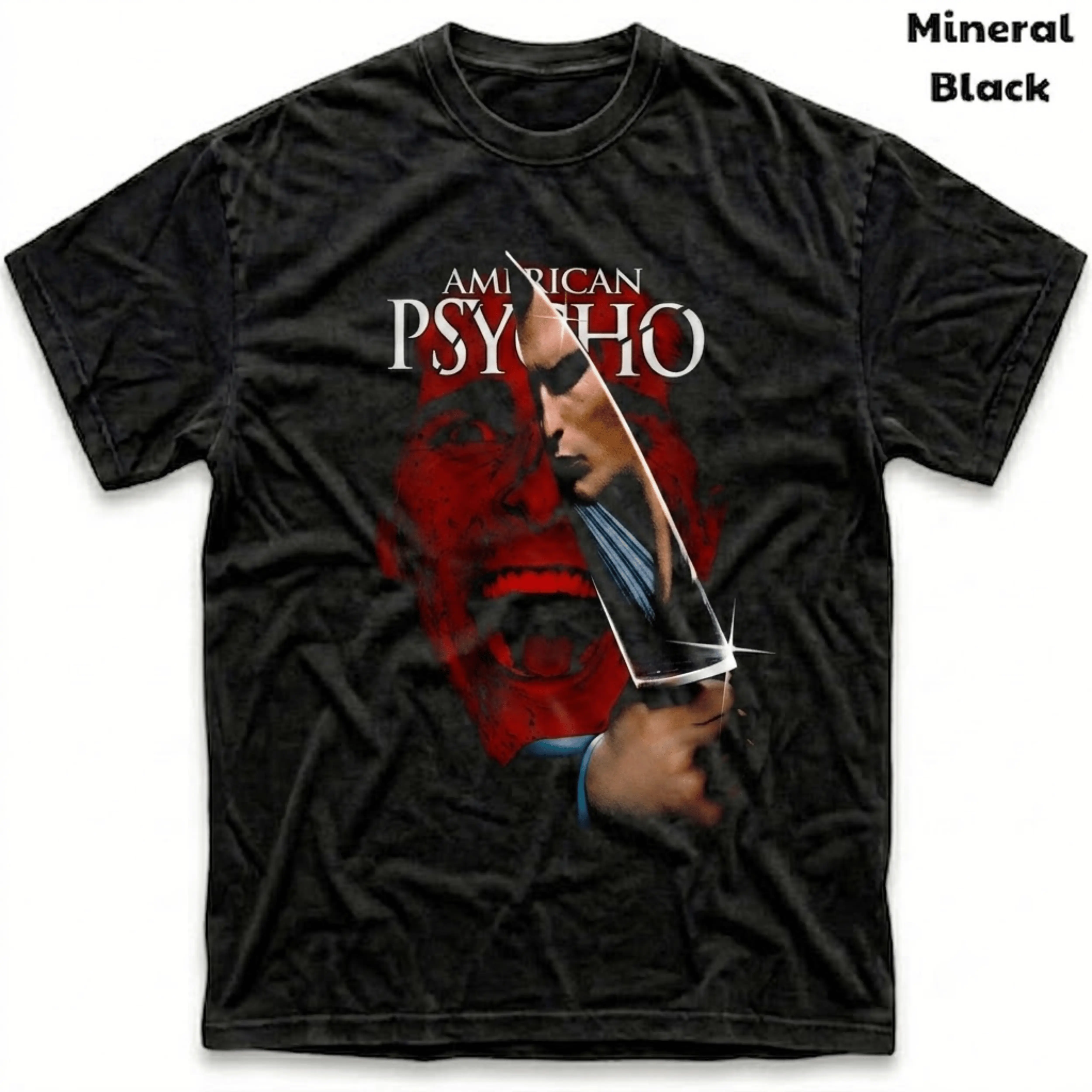 Men's and Women's T-Shirt, Vintage American Psycho Graphic Tee, Patrick Bateman Christian Bale, 2000 Cult Horror Movie Merch, Shiny Knife Blade Reflection, Screaming Red Face Silhouette, Spooky Halloween Outfit, Retro Grunge Streetwear, Fan Gift