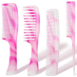 4 Pcs Unisex Hair Comb Set - Rat Tail, Wide & Fine Tooth and Dual-Sided Combs for Daily Detangling, Pink