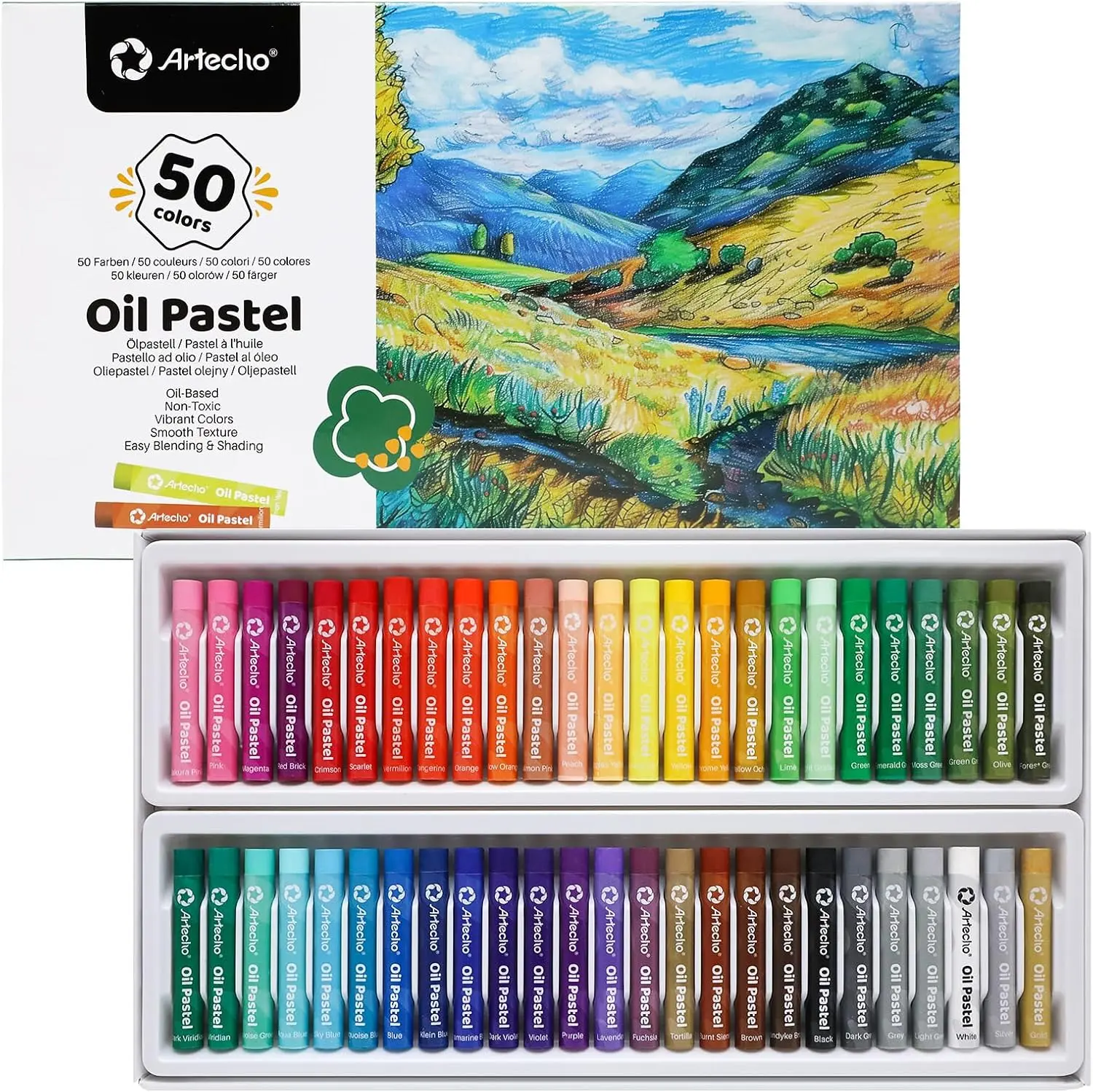 Artecho Oil Pastels Set of 50 Colors (8 x 60 mm) | Soft Oil Pastels, For Art Painting, Drawing, Blending, For Artists, Teachers