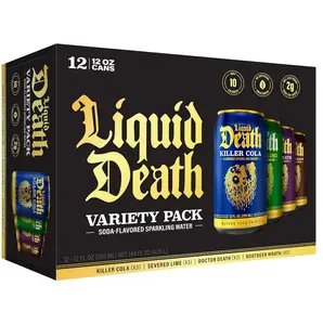 Liquid Death, Soda-Flavored Sparkling Water Variety Pack, 12-Pack (12oz Cans), Low Sugar, Huge Flavor & No Artificial Sweeteners, 4 Flavors: Severed Lime, Doctor Death, Killer Cola, and Rootbeer Wrath
