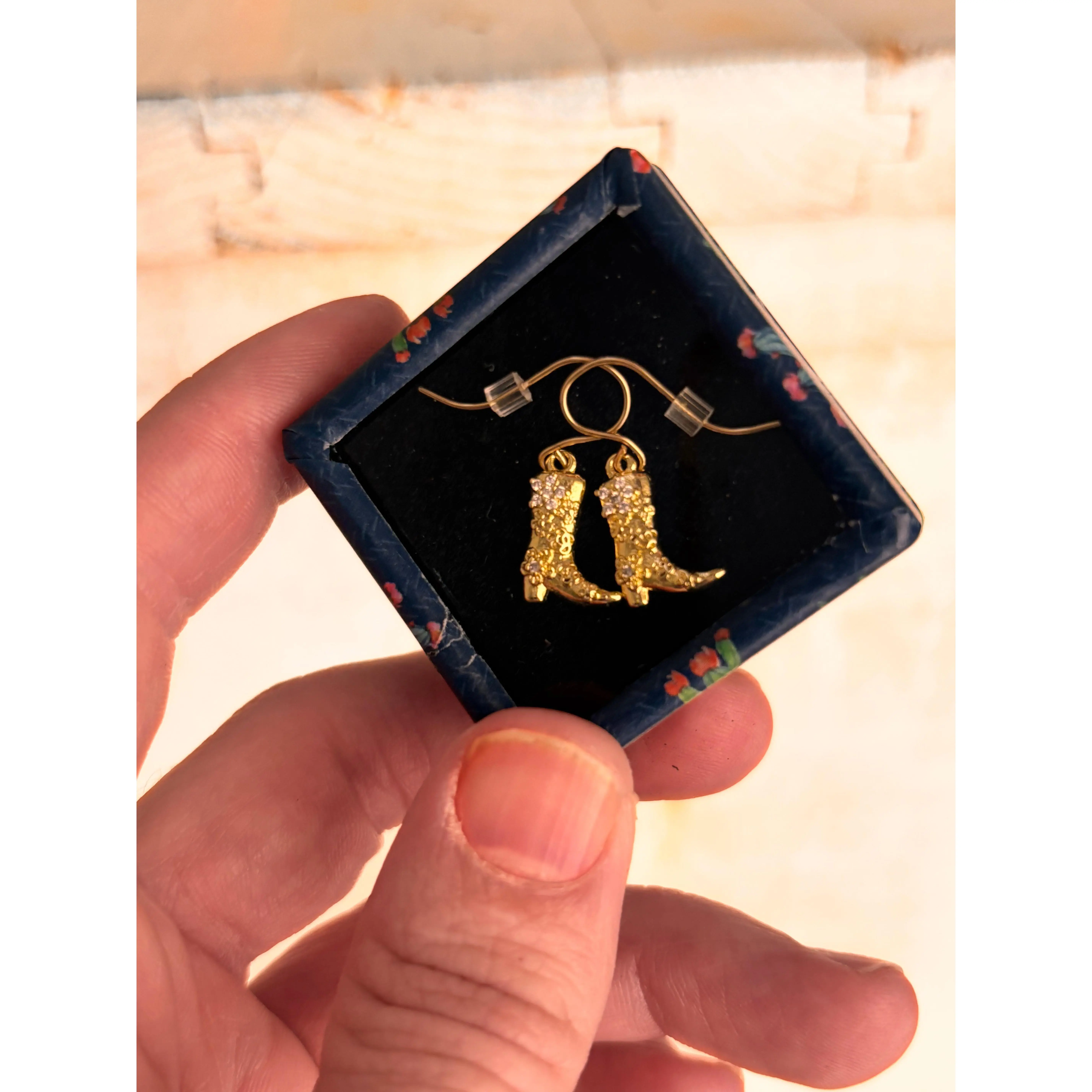 Wildflower Cactus 14k Gold Filled Pave Rhinestone Cowgirl Boot Earrings with Tiny Engraved Flowers, Handmade, Lightweight, Perfect for Gifts