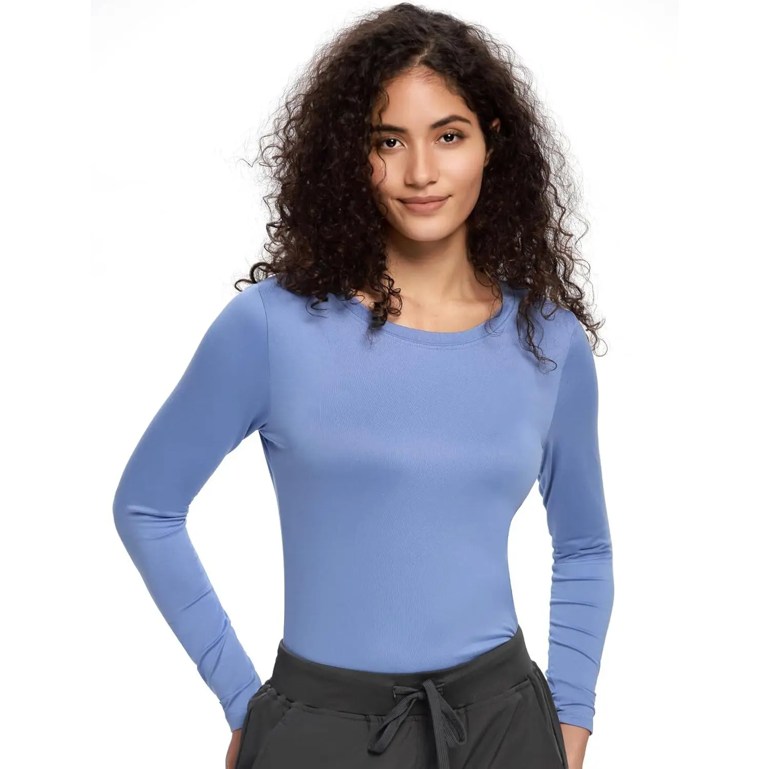 Women's Long Sleeve Underscrub Tee, Soft Breathable Crew Neck Top for Nurses - Basic Casual Workwear Shirt, Elastic, Polyester, Clothes, Uniforms, Style