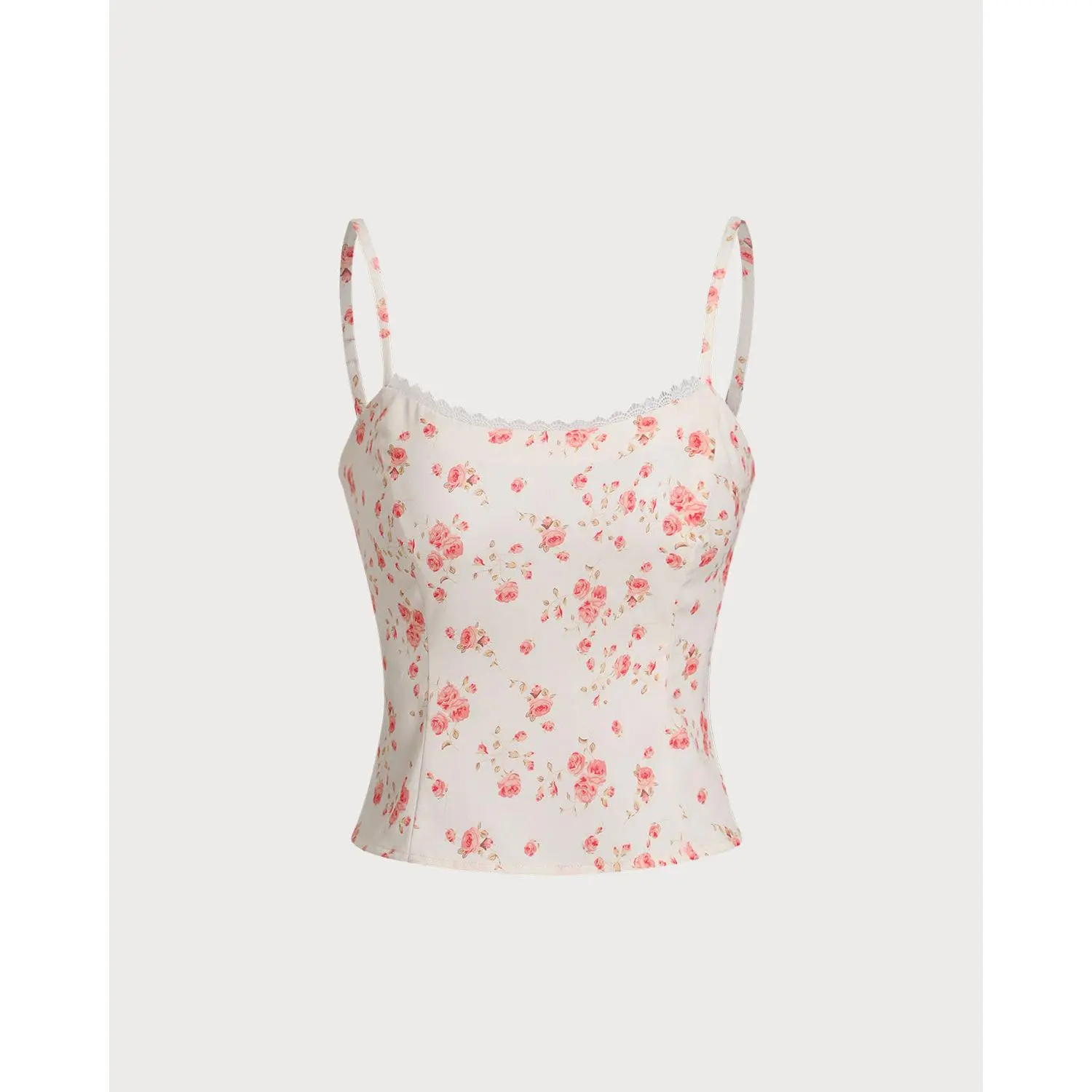 RIHOAS Women's Blush Pink Floral Cropped Camisole, Slim Fit Spaghetti Strap Tank Top with Square Neck and Shirred Detail, Polyester, Fabric, Lightweight, Print