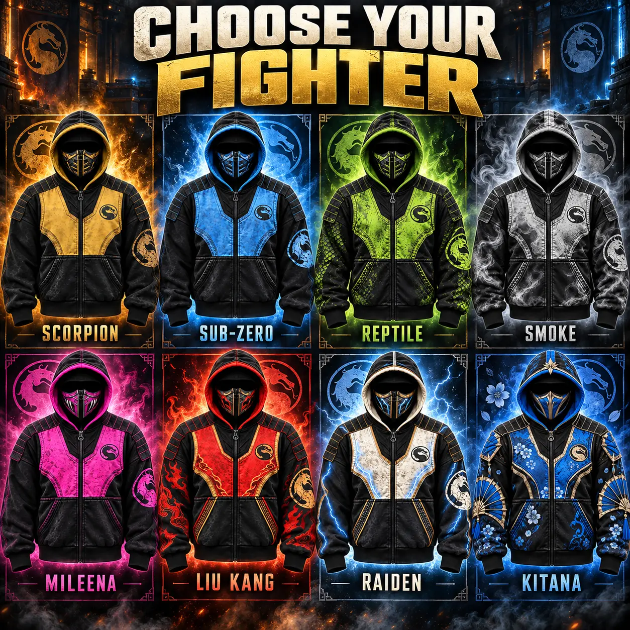 Mortal Kombat Ninja Balaclava Full-Zip Hoodie, Built-In Face Mask Gaming Jacket, Scorpion Sub-Zero Raiden Mileena Cosplay Hooded Sweatshirt, Fighting Game Fan Gift