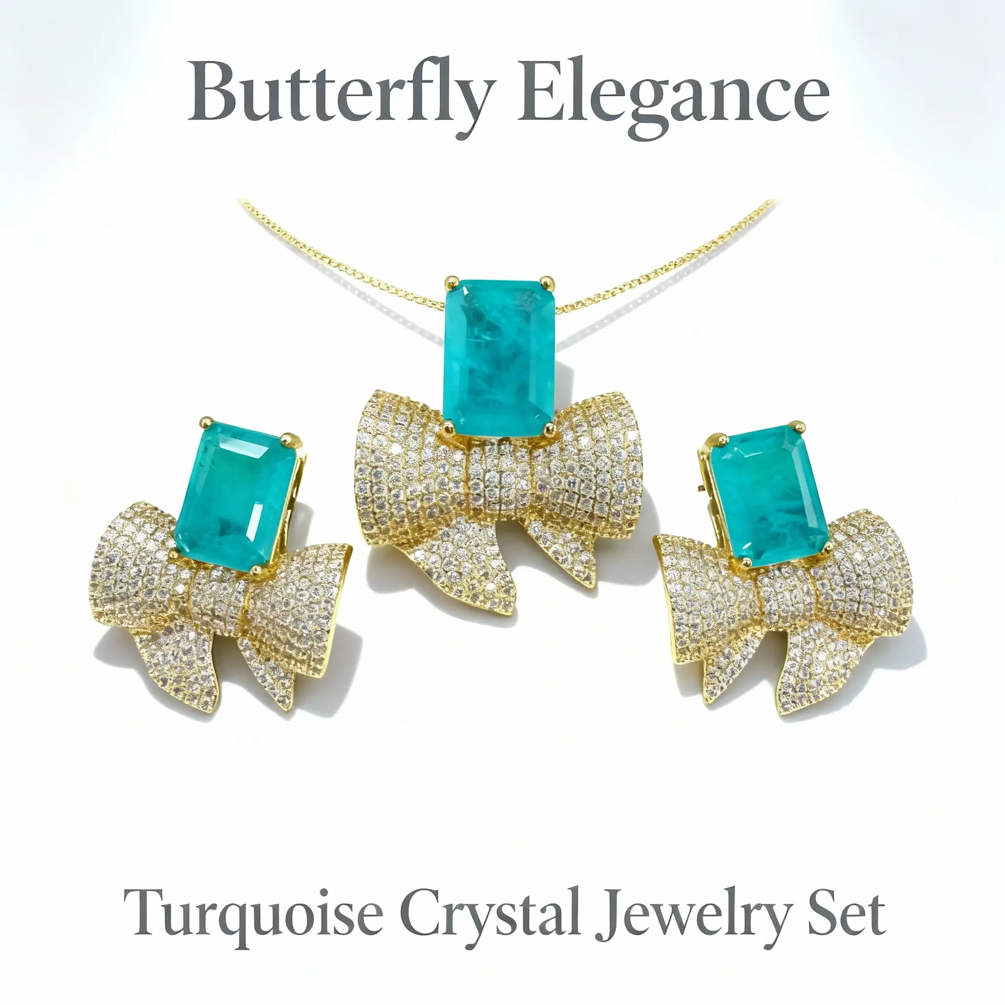 Skyline Bow--Necklace & Earrings Set - Turquoise Crystal Gemstone-Inspired Jewelry with Elegant Bow Motif for Versatile Wear