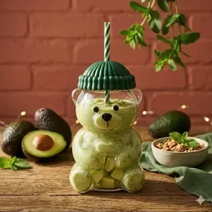 Bearista Glass Straw Cup, Teddy Bear Design, Non-Lead Crystal Glass, Semi-Manual Production, Ideal for Drinks & Beverages