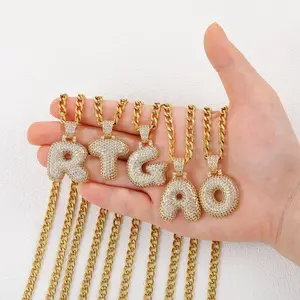 Golden Bubble Initial Letter Necklace w/ 24inches Cuban Chain | HipHop Bubble Alphabet Necklaces w/ Zirconia Stone