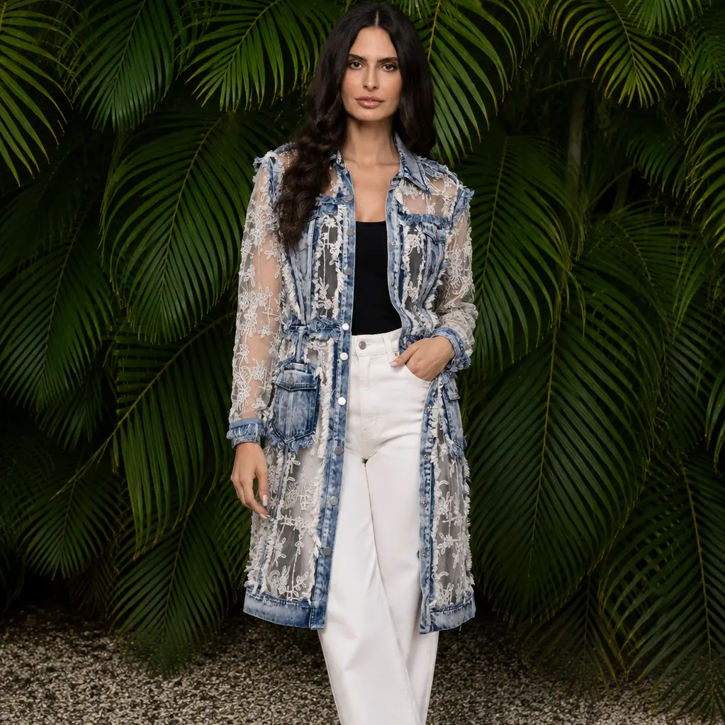 Lace Panel Denim Duster Jacket