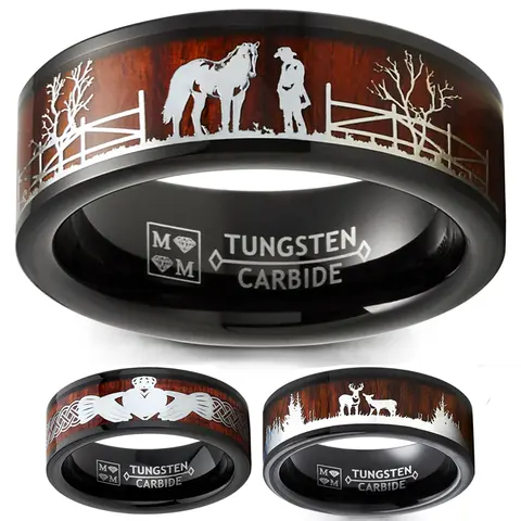 8MM Cobalt-Free Tungsten Carbide Band-Shaped Ring - Scratchproof, Skin-Gentle, Hypoallergenic, Country Deer & Nature Themed, Black-Brown Wood Inlaid Basic Western Costume Jewelry, Engagement Wedding Bands, Gift-Boxed Gift