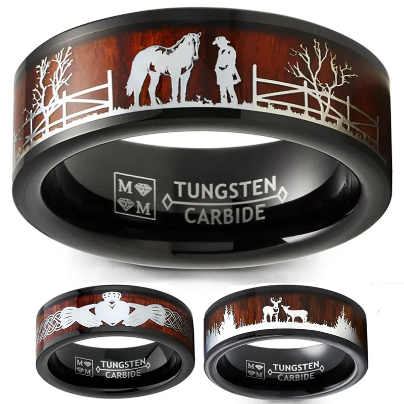 8MM Cobalt-Free Tungsten Carbide Band-Shaped Ring - Scratchproof, Skin-Gentle, Hypoallergenic, Country Deer & Nature Themed, Black-Brown Wood Inlaid Basic Western Costume Jewelry, Engagement Wedding Bands, Gift-Boxed Gift