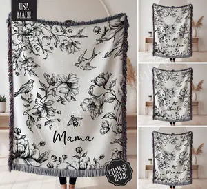 Custom Mom Floral Chinoiserie Woven Blanket 100% Cotton Soft Durable Personalized Gift for Mom Grandma Nana