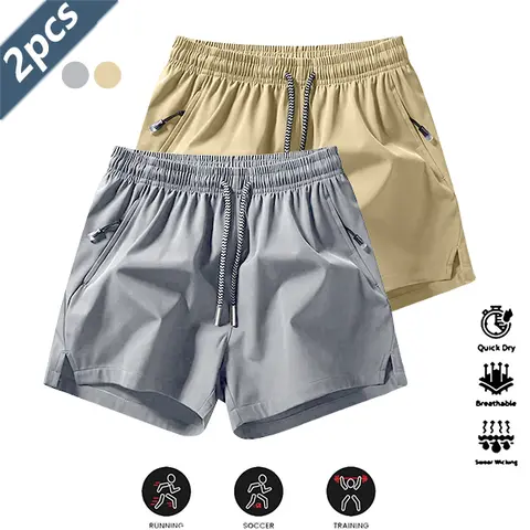 Men’s 2-Pack Casual Sport Shorts - Wrinkle-Resistant Polyester Blend, Loose Fit, Drawstring Waist, Solid Color, Minimalist Design, Smooth Texture, Breathable Stretch, Multi-Pocket, Suitable for Training & Everyday Wear